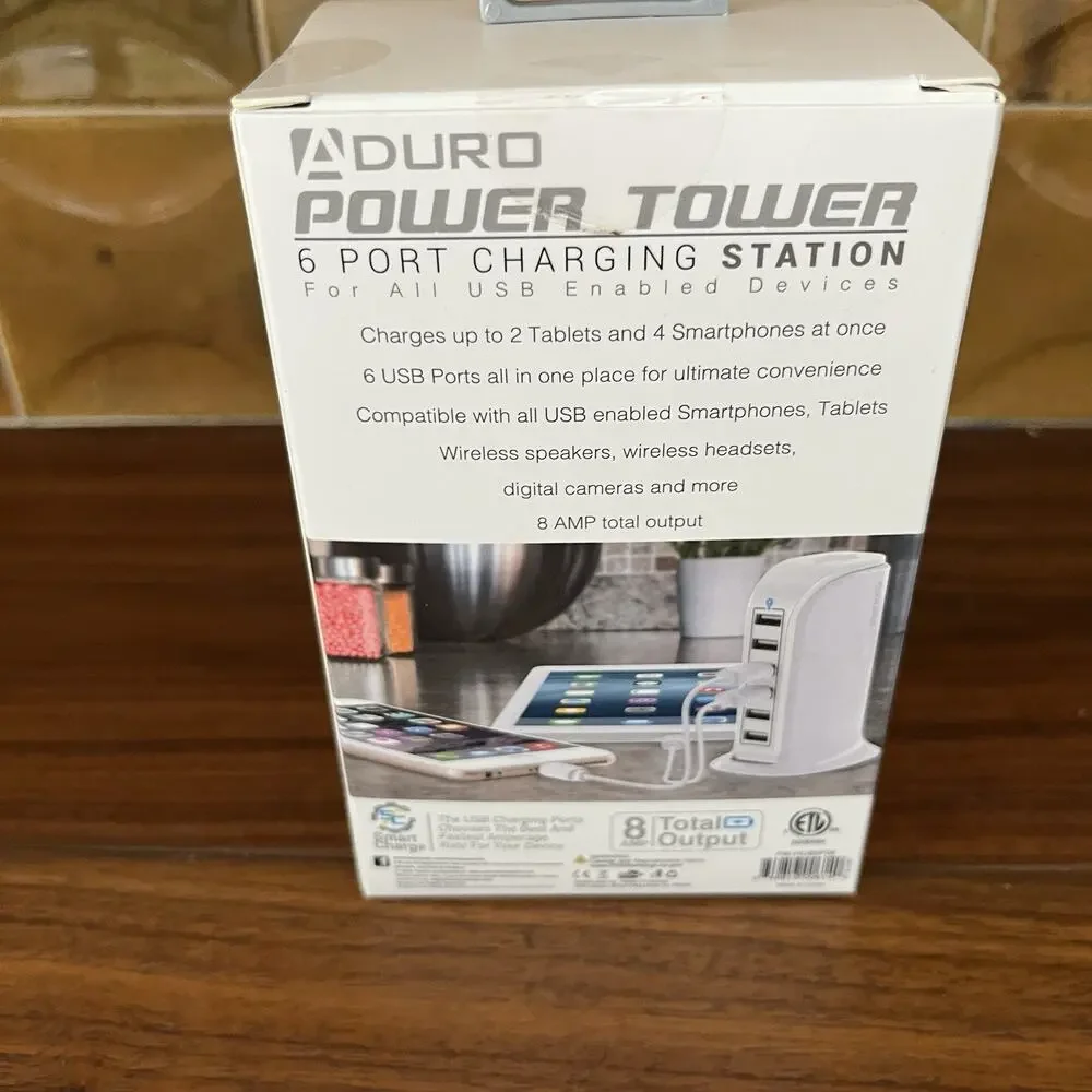 Aduro Power Tower 6-Port USB Desktop Charging Station NIB